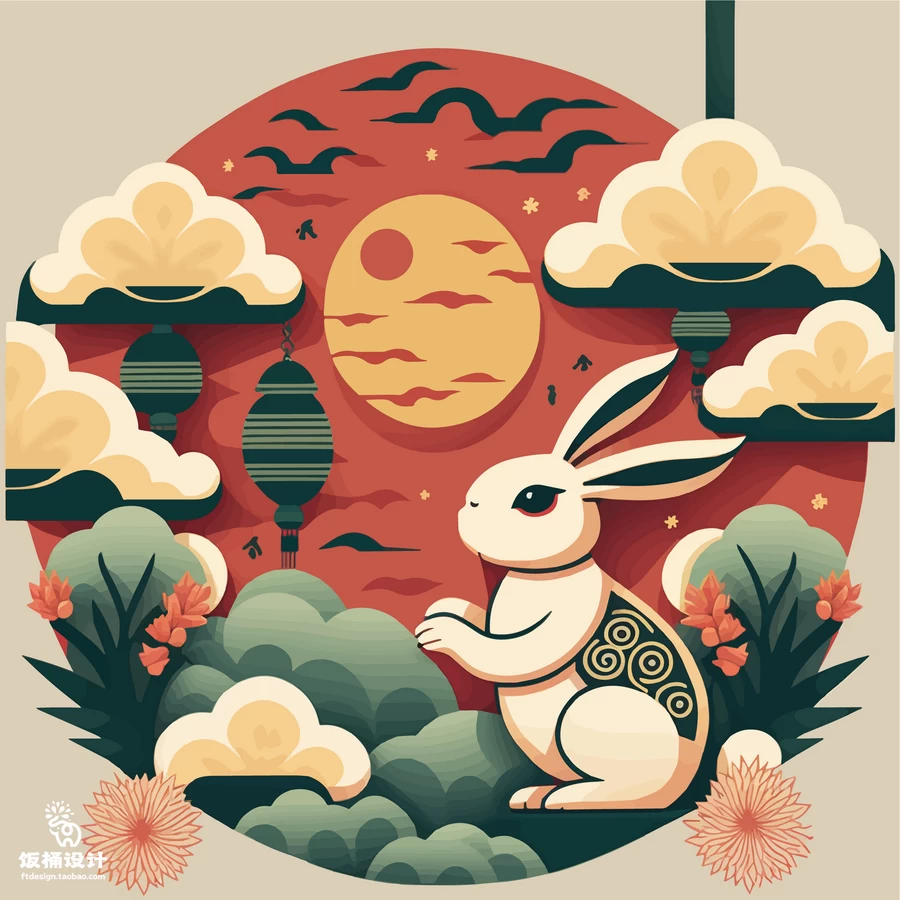 2023新年创意卡通兔子兔年元素风景插画海报背景AI矢量设计素材【011】